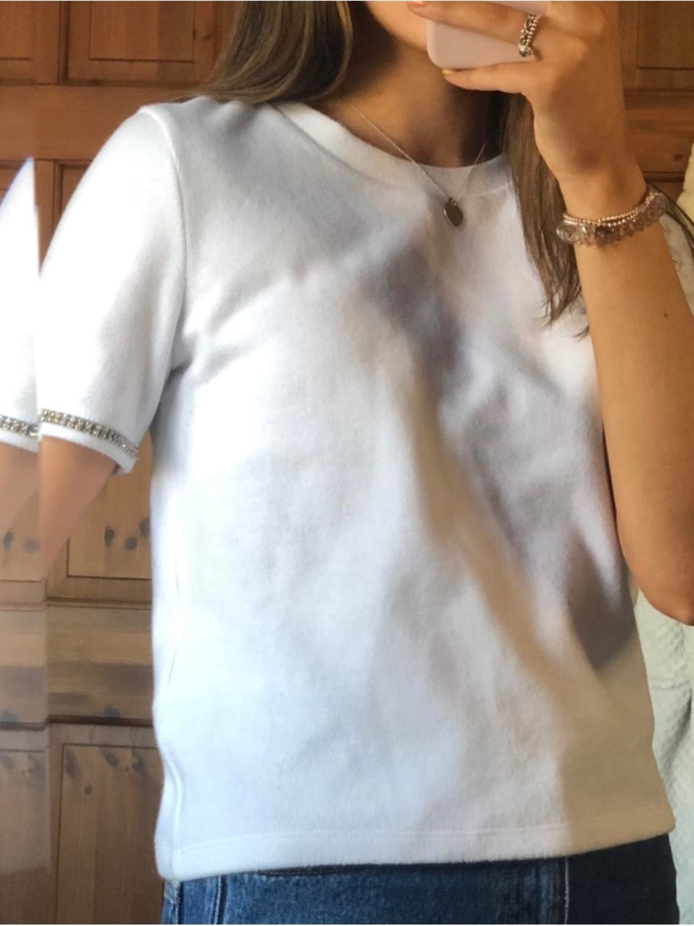Zara White Short Sleeve Tee with Embellished Cuff 895